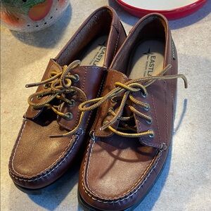Eastland Brown Leather Loafers with Mustard Laces 7w Falmouth